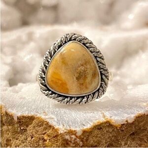 Yellow Coral Jasper Sterling Silver Ring 925 Size 7